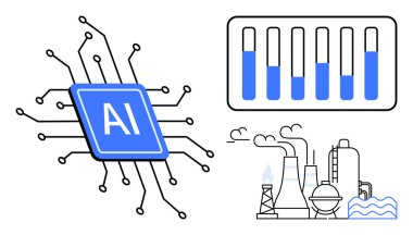 Devrelerle bağlantılı yapay zeka çipi, veri içgörülerini gösteren çubuk grafiği ve endüstriyel bitki sahnesi. Yenilik için ideal, otomasyon, yapay zeka uygulamaları, endüstriyel devrim, veri analizi, akıllı teknoloji