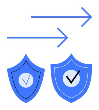 Oklar, güvenlik ve ilerlemeyi temsil eden işaretlerle işaretlenmiş iki güvenlik kalkanının üzerine işaret ediyor. Veri transferi, İnternet güvenliği, ilerleme, onay kavramları, güvenlik sistemleri için ideal
