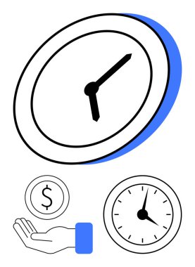 Analog saat, el ele tutuşma madeni para ve kronometre konsepti zaman yönetimi, üretkenlik, karar verme, kaynak tahsisi, tasarruf alışkanlıkları, görev öncelikleri, basit iniş sayfalarını vurguluyor