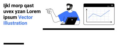 Erkek profesyonel, ekranda dizüstü bilgisayarın yanında yükselen grafiğe işaret ederek veri sunumunu, analizi, büyümeyi, planlamayı, eğitimi, işbirliğini ve liderliği sembolize ediyor. Düz iniş sayfası için ideal