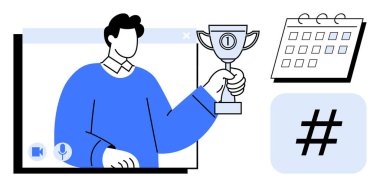 Ekranda başarı ve başarı ödülü, bitişik planlama takvimi ve önemli bir meta veri etiketi bulunan kişi var. Takım çalışması için ideal, çevrimiçi etkinlikler, başarı, başarı, motivasyon