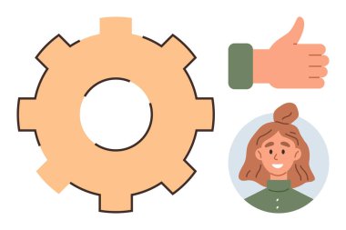 Geniş dişli sembolize etme süreci, onayı temsil eden baş parmak, takım çalışması için gülümseyen bir kadın, insan iletişimi, verimlilik. İş dünyası, işbirliği, geri bildirim, verimlilik artışı için ideal