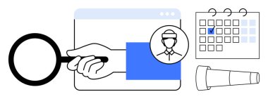 Büyüteç denetleme tarayıcısı, insan profili, işaretli tarihli takvim ve odaklanma ve planlamayı temsil eden teleskop. Araştırma, programlama, yönetim, işe alım, strateji için ideal