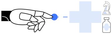 Robot el, mavi haç, satranç taşı ve aşı şişesinin yanındaki dijital elemente dokunuyor. Sağlık, yapay zeka, yenilik, robotik, sağlık teknolojisi, dijital sağlık için ideal