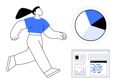 Dinamik duruş sergileyen kişi, yanında bir pasta grafiği ve web analiz paneli ile güven içinde yürüyor. Hedefler, büyüme, üretkenlik, strateji, analitik, başarı, basit iniş sayfası için ideal