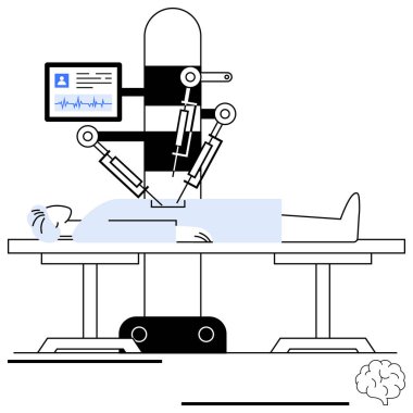 Robot kollar bir hastaya hassas bir ameliyat yapıyor. Göstergeler hayati göstergeler gösteriyor. Sağlık, tıbbi yenilik, robot bilimi, teknoloji, ameliyat, hassasiyet otomasyonu için idealdir. Düz basit metafor