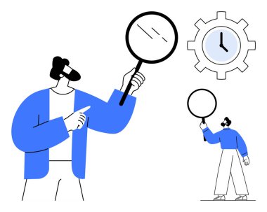 Büyüteçle inceleyen adam, saat teçhizatı, analiz, odaklanma, hassasiyet, problem çözme, iş süreçleri. Üretkenlik, zaman yönetimi ve araştırma sektörü için ideal