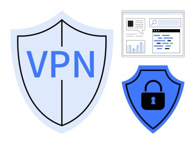 VPN metin ve kilit sembollü kalkanlar, analitik gösteren tarayıcı penceresi. Siber güvenlik, gizlilik, veri koruması, çevrimiçi güvenlik, teknoloji, internet güvenliği, basit iniş sayfası için ideal