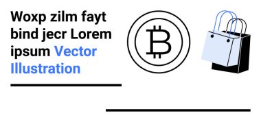 Bitcoin logosu ve alışveriş torbaları ticari olarak şifreli para ödemelerini temsil ediyor. Finans, engelleme zinciri kullanımı, e-ticaret, perakende trendler, dijital ödemeler, yatırım anlayışı, düz iniş sayfası için ideal