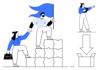 Bir takım, başarıyı gösteren bir bayrak, yönü gösteren bir rehber ve strateji kavramları için bir kutu ile bulmaca bloğu basamaklarına tırmanıyor. Takım çalışması, liderlik, başarı, strateji, rehberlik, başarı için ideal