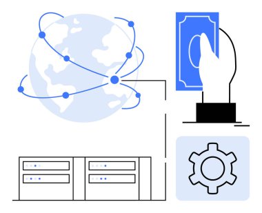 Nakitle el ele, ağ düğümleriyle, sunucularla ve teknolojiyi sembolize eden teçhizatla, küresel finans, bağlantı, veri yönetimi, otomasyon fintech online ödemeler. Fintech çözümleri için ideal