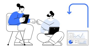 İşbirliği için tablet ve dizüstü bilgisayar kullanan iki meslektaş, grafikler ve grafiklerle bilgi alışverişinde bulundular. Takım çalışması, iletişim, teknoloji, veri analizi, üretkenlik, ofis ayarları için ideal