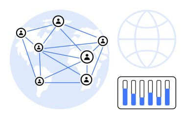 Bağlı kullanıcı profilleri ağı tüm dünyaya yayıldı, dünya çapında erişim için ızgara sembolü, analitik çubuk şeması. İletişim için ideal, küresel erişim, takım çalışması, teknoloji, ağ oluşturma, analiz