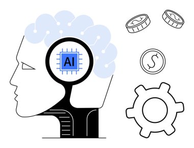 Yapay zeka mikroçipi, bozuk para ve teçhizat ile insan beyni yapay zekaya dayalı yenilik, ekonomi ve teknolojiyi temsil ediyor. Yapay zeka, teknoloji, otomasyon ekonomisi yaratıcılık iş analizi için idealdir. Düz basit