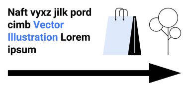 Alışveriş torbası, kalın ok, balonlar ve yer tutucu metin modern bir kompozisyon oluşturur. Perakende, navigasyon, minimalizm, pazarlama, e-ticaret dijital reklamlar için ideal basit iniş sayfası