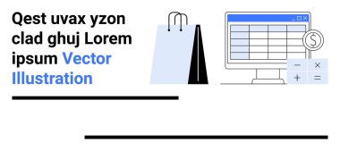 Bir hesap tablosu, alışveriş çantası ve e-ticaret, finans, bütçe, analitik, iş, perakende ve basit iniş sayfası için dolar sembollü hesap makinesi gösteren bilgisayar ekranı