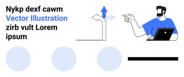 Dizüstü bilgisayarda çalışan, yukarı yönde hareket eden bir adam. Üç dairesel element ve minimum geometrik aksan. Navigasyon, karar verme, takım çalışması, teknoloji, iş akışı, yön için ideal