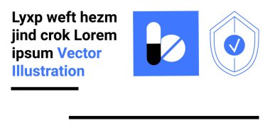 Kapsül ve tablet, sağlık, eczane, güvenlik, ilaç, sağlık sigortası ve güveni temsil eden işaretli bir kalkanın yanında. Eczane tanıtımı için ideal basit bir iniş sayfası