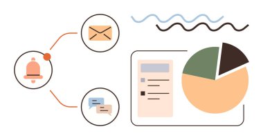 Çan alarmı, e-posta, mesaj baloncukları, pasta grafiği ve satırlarla bağlantılı yapılacaklar listesi arayüzü. İletişim, üretkenlik, analitik, proje izleme görev planlaması için ideal