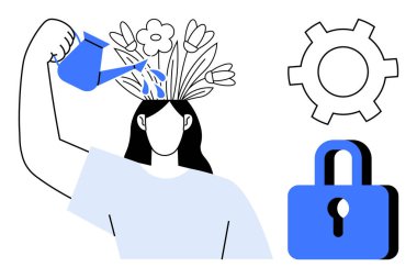 Başındaki çiçekleri sulayan kadın, verimliliği sembolize eden teçhizat, güvenlik kilidi. Büyüme zihniyeti, üretkenlik, yaratıcılık, akıl sağlığı, kendine bakım, yenilik için ideal basit bir iniş sayfası