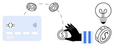 El, bozuk para ve ampulle çevrili bir kredi kartına doğru yazı tura atar. Finans, teknoloji, yenilik, yatırım, tasarruf, girişimcilik dijital ekonomisi için idealdir. Düz basit metafor