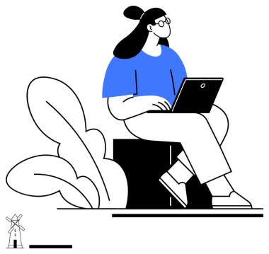 Soyut yapraklarla çevrili bir blokta dizüstü bilgisayar kullanarak oturan genç bir kadın. Eğitim için ideal, uzak çalışma, odaklanma, üretkenlik, teknoloji, minimalizm, basit iniş sayfası