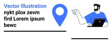 Elinde büyük bir konum belirtecini gösteren bir dizüstü bilgisayar tutan kişi. Navigasyon, coğrafi konum, teknoloji, özel dersler, iş yeri iletişimi, dijital araçlar, düz iniş sayfası afişi için ideal
