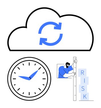 Senkronize ikona sahip bulut, zamanı sembolize eden analog saat, bireysel istifleme risk blokları. Bulut hesaplama, iş akışı, üretkenlik, proje yönetimi, risk yönetimi, uzak işlemler için ideal basit