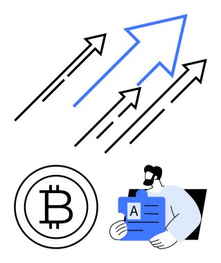 Yukarı çıkan oklar büyümeyi, Bitcoin logosunu ve analitik raporu tutan adamı gösteriyor. Kripto para birimi, mali başarı, yatırım eğilimleri, yenilik, dijital para birimi, blok zinciri stratejisi için ideal