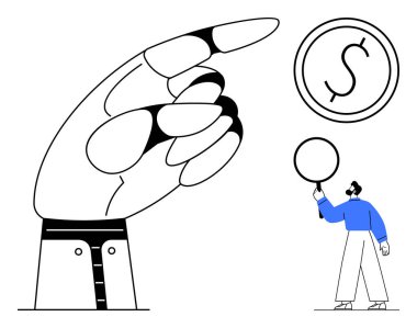 Devasa el, boş bir küreyi dengeleyen kişinin para birimi simgesini yukarı doğru gösterir. Finansal planlama, rehberlik, yatırım, büyüme, karar verme, destek hizmetleri, basit iniş