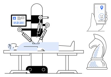 Hasta üzerinde robotik kol ameliyatı, hayati organları olan ekranı, kullanıcı arayüzü olan akıllı telefonu, satranç şövalyesini sembolize eden stratejiyi. Teknoloji, sağlık, yenilik ve kesinlik için ideal