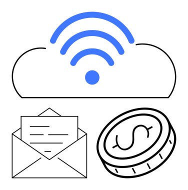 Bağlantı sinyalli bulut, altında harf ve dolar olan bir zarf, online iletişimi, dijital finansmanı ve bulut teknolojisini temsil ediyor. Fintech ve mobil bankacılık için ideal