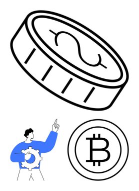 Büyük paralar ve Bitcoin sembolü, elinde teçhizat tutan ve işaret eden adamın yanında. Finans, kripto para birimi, teknoloji, yenilik, yatırım, ekonomik büyüme, parasal kavramlar için idealdir. Düz basit