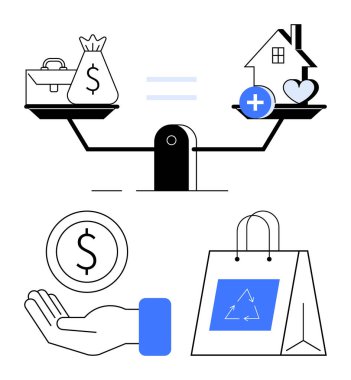 Para ve sağlık sembolleriyle dengeli ölçü, elinde para, geri dönüşüm logosuyla alışveriş torbası. Finans, yatırım, sürdürülebilirlik, bağış, bütçe, yaşam tarzı sade iniş sayfası için ideal