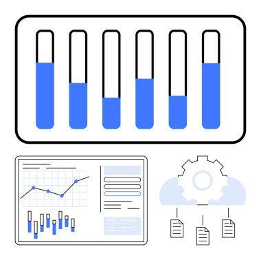 Sıvı seviyeli test tüpleri, çizelgeli analitik gösterge paneli, bulut ve dişli simgesi, bağlantılı belgeler. Veri bilimi, araştırma, bulut hesaplama, otomasyon, analiz yeniliği için ideal