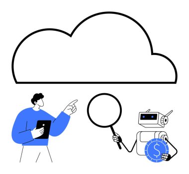 Tableti büyük bulutlarda tutan adam, robot büyüteçle inceler, mavi sikke. Veri analizi, bulut hesaplama, yapay zeka, finans teknolojisi, işbirliği, yenilik dairesi için ideal