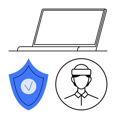 Laptop iş ya da teknolojiyi simgeler, güvenlik onayı ile kalkan ve kimlik için kullanıcı profili. Siber güvenlik, kimlik koruması, veri, çevrimiçi güvenlik, teknoloji, güvence ve basit