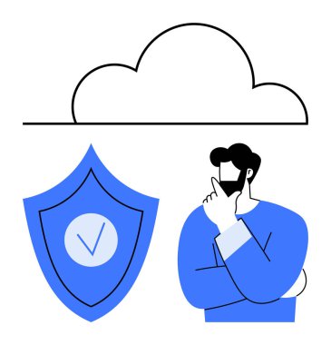 Düşünen bir adam, işaretli bir kalkan, yukarıda belirlenmiş bir bulut. Bulut bilgisayarı, veri gizliliği, siber güvenlik, karar verme, teknoloji, çevrimiçi güvenlik basit iniş sayfası için ideal