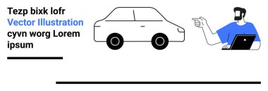 Adam dizüstü bilgisayarını tutarken arabaya doğru hareketler yapıyor, modern düz sanat tarzında. Teknoloji, otomotiv, iletişim, sunum, arayüz, takım çalışması, düz iniş sayfası afişi için ideal
