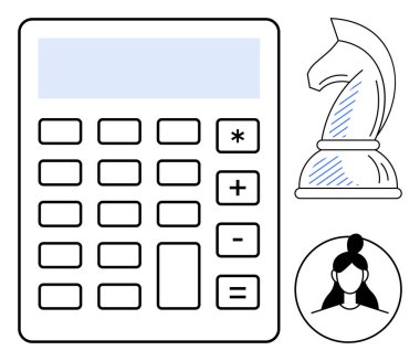 Hesaplamalar için hesap makinesi, stratejiyi sembolize eden satranç şövalyesi ve kişiselleştirme için kullanıcı avatarı. İş, analitik, eğitim, strateji, sorun çözme, liderlik karar verme süreci için ideal