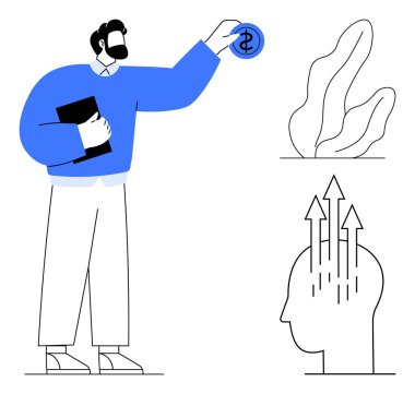 Elinde klasör olan bir adam, yatırımı simgeleyen bir madeni para koyuyor. Yakınlarda, oklu bir kafa, soyut bitkilerle birlikte büyümeyi ve yeniliği simgeler. Girişimcilik, ekonomi ve finans için ideal