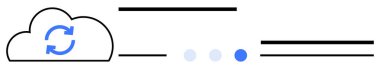 Senkronizasyon döngüsüne sahip bulut simgesi, veri transferini öneren yatay çizgiler ve sırayla ilerleme noktaları. Veri depolama, teknoloji, üretkenlik, uygulama UI, yazılım, iş akışı için ideal
