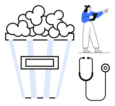 Sağlık çalışanları panoyu gösterirken, steteskop tıbbi bakımı sembolize ediyor, patlamış mısır boş zamanları vurguluyor. Sağlık, iş-yaşam dengesi, eğlence, sağlık, yaşam tarzı için ideal