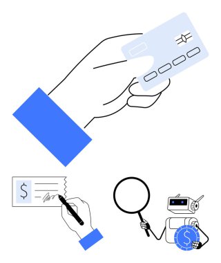El ele tutuşma, çek yazma, büyüteç ve bozuk para taşıyan robot. Finans, bankacılık, ödeme, dijital güvenlik, otomasyon yapay zeka sahtekarlığı tespiti için ideal. Düz basit metafor