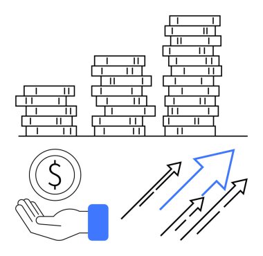 Yığılmış madeni paralar, bir dolar para tutan bir el ve yukarı bakan oklar mali büyüme, yatırım, servet, tasarruf artışı, başarı artışı, başarı planlaması ve basit bir iniş sayfasını temsil ediyor.