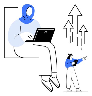 Dizüstü bilgisayarda çalışan kadın, tabletli profesyonel sunum analizi, yukarı bakan oklar. Takım çalışması, yenilik, büyüme, liderlik, uzak çalışma, eğitim için ideal basit iniş sayfası