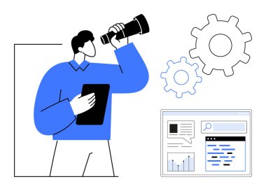 Tablet tutan ve teleskopla vites ve veri tablosu arayüzüne bakan bir adam. Strateji, vizyon, planlama, yenilik, üretkenlik, süreç, temel web sayfaları, basit iniş sayfaları için ideal