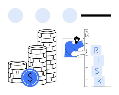 Bir dolar işaretli bozuk paralar ve RISK bloklarını ölçen bir adam finansal planlamayı, risk değerlendirmesini, iş değerlendirmesini, stratejiyi, zenginlik yönetimini, karar verme mekanizmasını ve basit bir inişi vurguluyor.