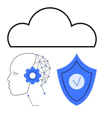 Üstü soyut yapay zeka yüzlü, sinirsel çizgileri olan, teknolojiyi sembolize eden ekipman ve veri güvenliği için kontrol işaretli kalkan. Teknoloji, yapay zeka, bulut hesaplama, siber güvenlik, yenilik, sinir sistemi için ideal