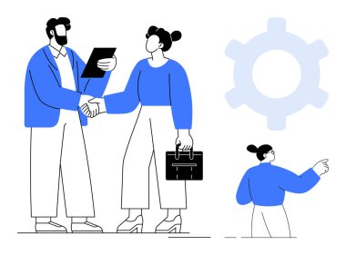 Biri evrak ve evrak çantası tutarken iki profesyonel el sıkışıyor. Arka plan vites sembolü ve meslektaşı işaret ediyor. Takım çalışması, strateji, anlaşma, iletişim, başarı ve liderlik için ideal. Düz